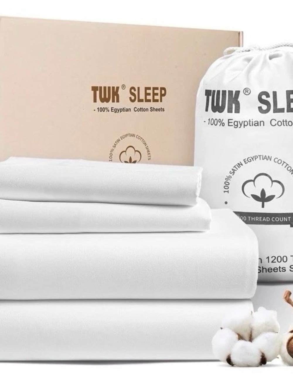 TWK SLEEP Luxury Satin 1200TC 100% Egyptian Cotton White Sheet Set (Queen)